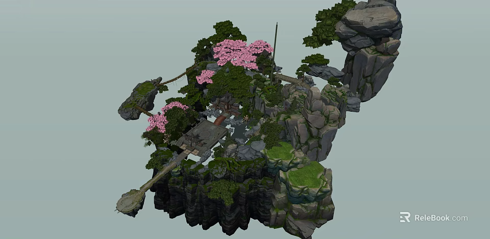 Floating Rocky Island Scene With Pink Blossom Trees And Wooden Bridge Structure 3d model 