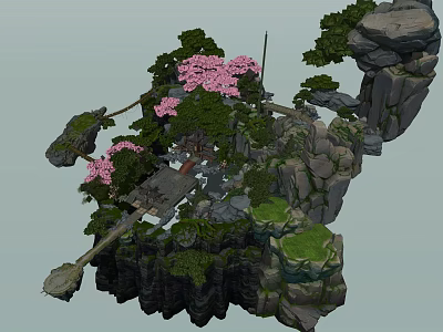 Floating Rocky Island Scene With Pink Blossom Trees And Wooden Bridge Structure 3d model