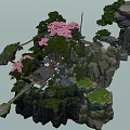 Floating Rocky Island Scene With Pink Blossom Trees And Wooden Bridge Structure