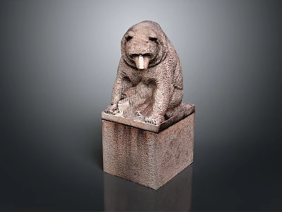 Stone Bear Sculpture Seated On Square Pedestal With Detailed Facial Features And Textured Surface 3d model