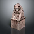 Stone Bear Sculpture Seated On Square Pedestal With Detailed Facial Features And Textured Surface