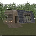 Modern Cabin With Sloped Roof Large Windows Wooden Structure on Green Lawn Surrounded by Trees