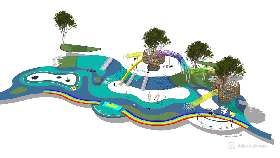 Colorful Children's Playground Design With Slides Water Pools Trees And Rainbow Elements 3d model 