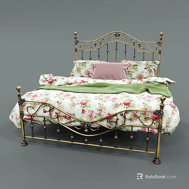 Double Bed With Gold Metal Frame Floral Pattern Bedding Pink Pillow And Green Blanket 3d model 
