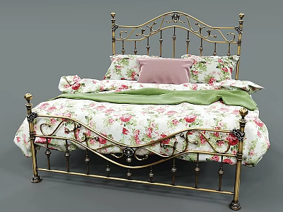 Double Bed With Gold Metal Frame Floral Pattern Bedding Pink Pillow And Green Blanket 3d model
