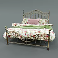 Double Bed With Gold Metal Frame Floral Pattern Bedding Pink Pillow And Green Blanket