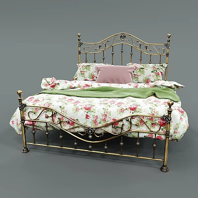 Double Bed With Gold Metal Frame Floral Pattern Bedding Pink Pillow And Green Blanket 3d model