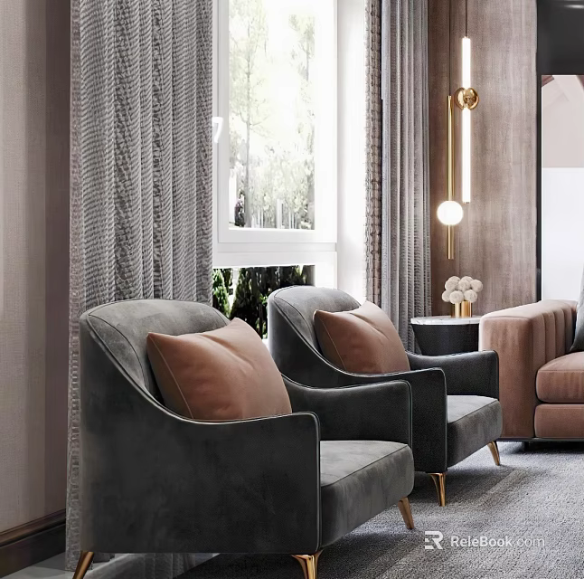 Modern Gray Accent Chairs With Orange Cushions Gold Legs Floor Lamp And Curtains 3d model 