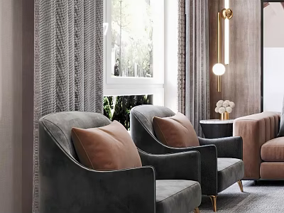 Modern Gray Accent Chairs With Orange Cushions Gold Legs Floor Lamp And Curtains 3d model