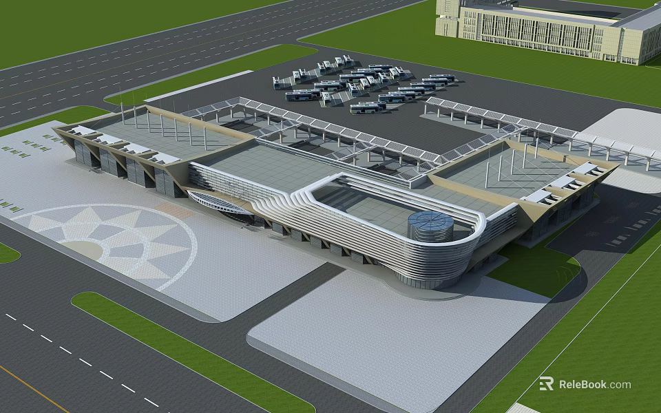 Modern Architectural Building With Curved Roof Design Parking Area And Green Space 3d model 