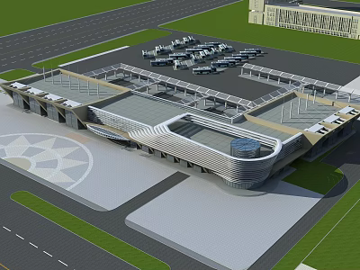 Modern Architectural Building With Curved Roof Design Parking Area And Green Space 3d model