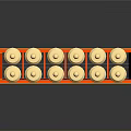 Red Industrial Equipment Storage Rack With Multiple Golden Circular Components