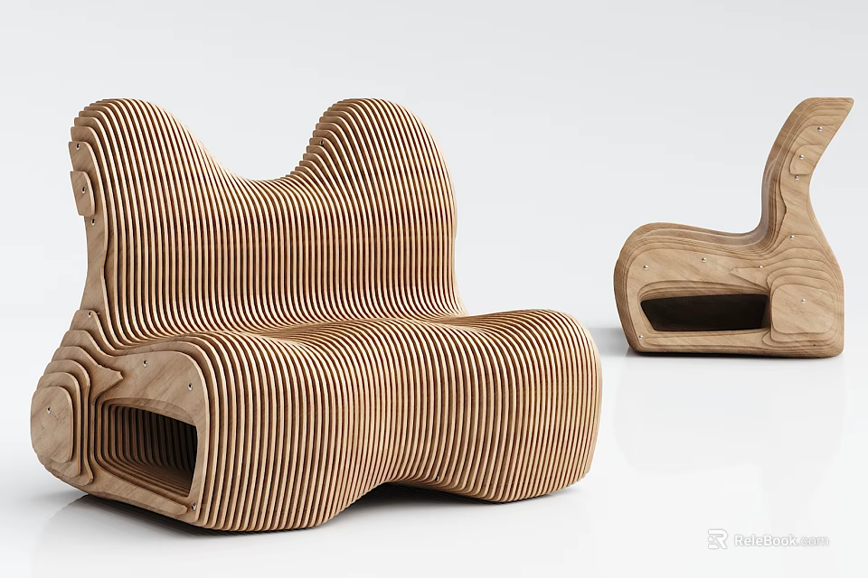 Modern Wooden Outdoor Chair With Curved Striped Design For Garden Patio Use 3d model 