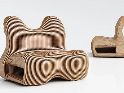 Modern Wooden Outdoor Chair With Curved Striped Design For Garden Patio Use 3d model