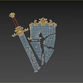 Medieval Fantasy Weapon Sword and Shield with Golden Ornaments Red Handle and Shattered Glass Design