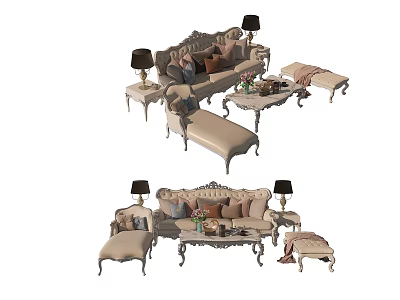 Ornate Sofa Coffee Table Set With Side Tables Table Lamps Throw Pillows Ottomans And Throws 3d model