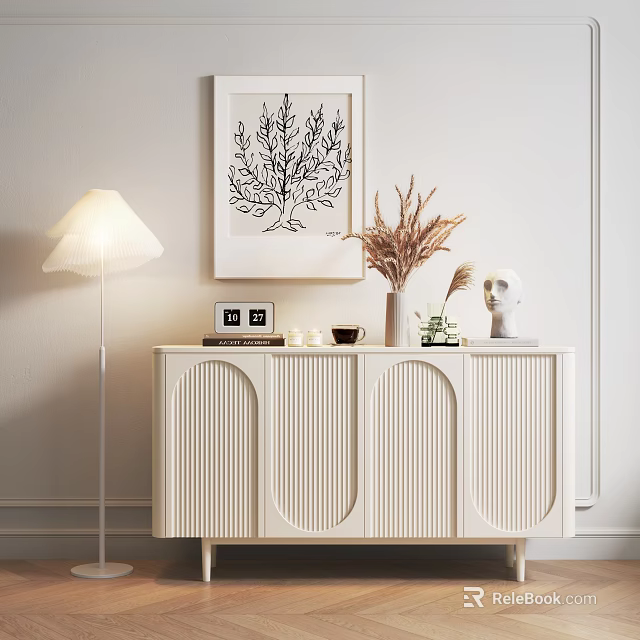 White Entryway Console Cabinet with Ribbed Design Table Lamp Dried Flowers and Decor 3d model 