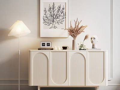 White Entryway Console Cabinet with Ribbed Design Table Lamp Dried Flowers and Decor 3d model