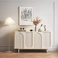White Entryway Console Cabinet with Ribbed Design Table Lamp Dried Flowers and Decor