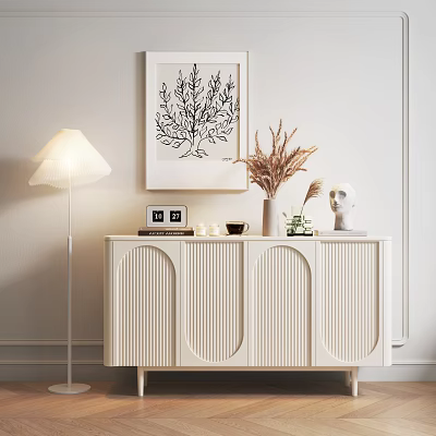 White Entryway Console Cabinet with Ribbed Design Table Lamp Dried Flowers and Decor 3d model
