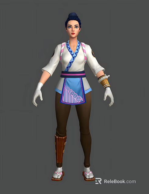 Game Movie Character In White Top With Blue Accents Purple Belt And Brown Pants 3d model 