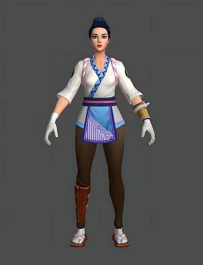 Game Movie Character In White Top With Blue Accents Purple Belt And Brown Pants 3d model