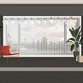 Modern White Striped Curtains in Bright Sunlit Laundry Room with Red Chair and Green Plant