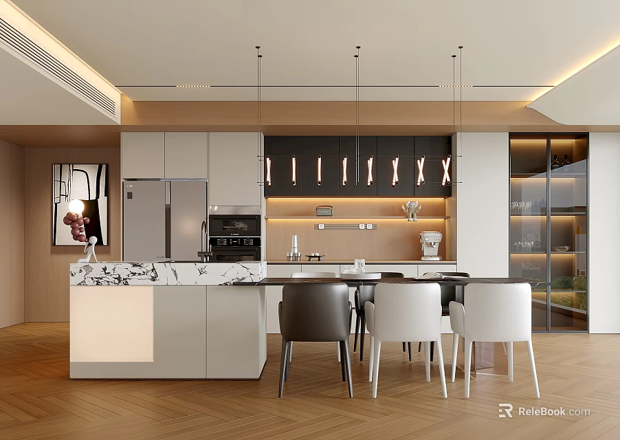 Modern Restaurant Kitchen Interior With Marble Island Hanging Lights Wooden Floor And Chairs 3d model 