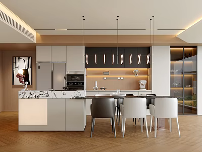 Modern Restaurant Kitchen Interior With Marble Island Hanging Lights Wooden Floor And Chairs 3d model