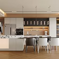 Modern Restaurant Kitchen Interior With Marble Island Hanging Lights Wooden Floor And Chairs