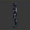 Futuristic Armored Character Suit In Blue Silver With Yellow Accents And Standing Pose
