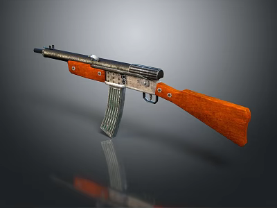 Vintage Submachine Gun With Wooden Stock Grip Shiny Metal Body And Magazine Design 3d model