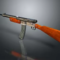Vintage Submachine Gun With Wooden Stock Grip Shiny Metal Body And Magazine Design