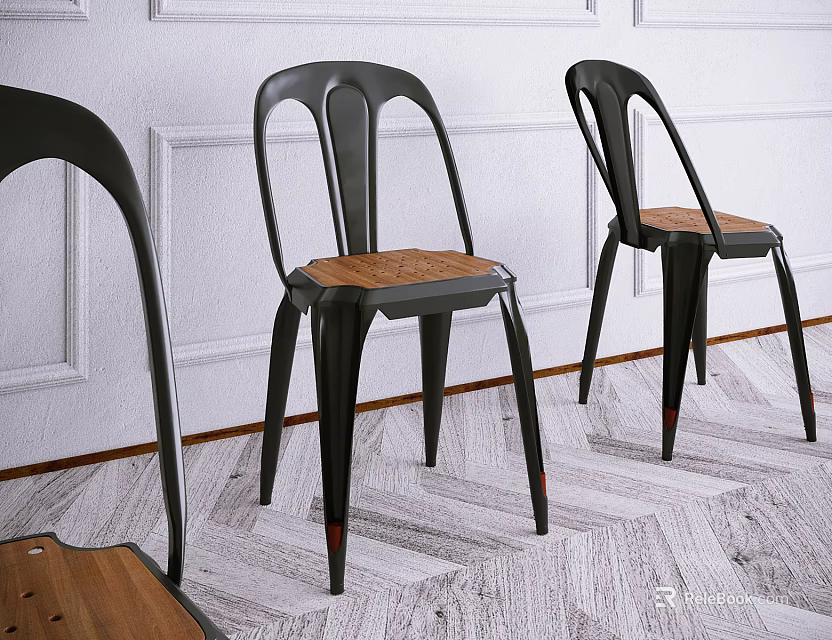 Leisure Chairs Featuring Black Frame And Wooden Seat On White Wall With Geometric Pattern Floor 3d model 