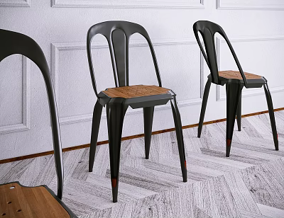 Leisure Chairs Featuring Black Frame And Wooden Seat On White Wall With Geometric Pattern Floor 3d model