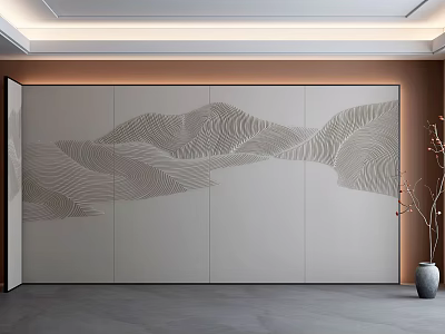 Elegant Modern Interior Background Wall With Line Drawn Mountain Landscape Beige Color And Brown Frame 3d model