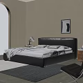 Modern Leather Double Bed With Gray Pillows Blanket Side Table Lamp Books Beige Wall Framed Art