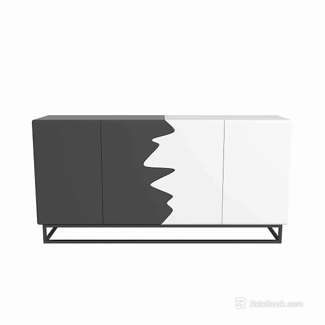 Modern Black And White TV Stand With Abstract Wave Design And Metal Legs 3d model 