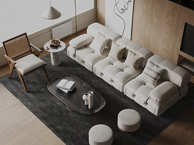 Beige Sofa and Coffee Table Set with Round Stools Wicker Chair and Wooden Wall 3d model