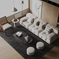 Beige Sofa and Coffee Table Set with Round Stools Wicker Chair and Wooden Wall