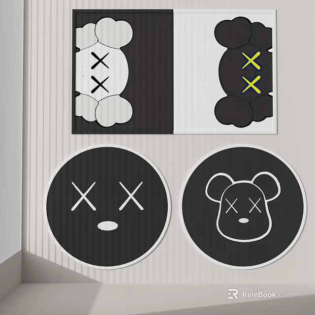 Black and White Round Rug With X Patterns And Bear Face Design 3d model