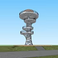 Spiral Observation Tower With Lush Green Trees Grass Lawn And Colorful Flowers