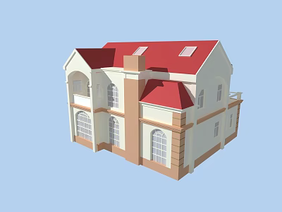 Detached Villa With Red Roof White Walls And Brown Accents Featuring Balcony And Skylights 3d model