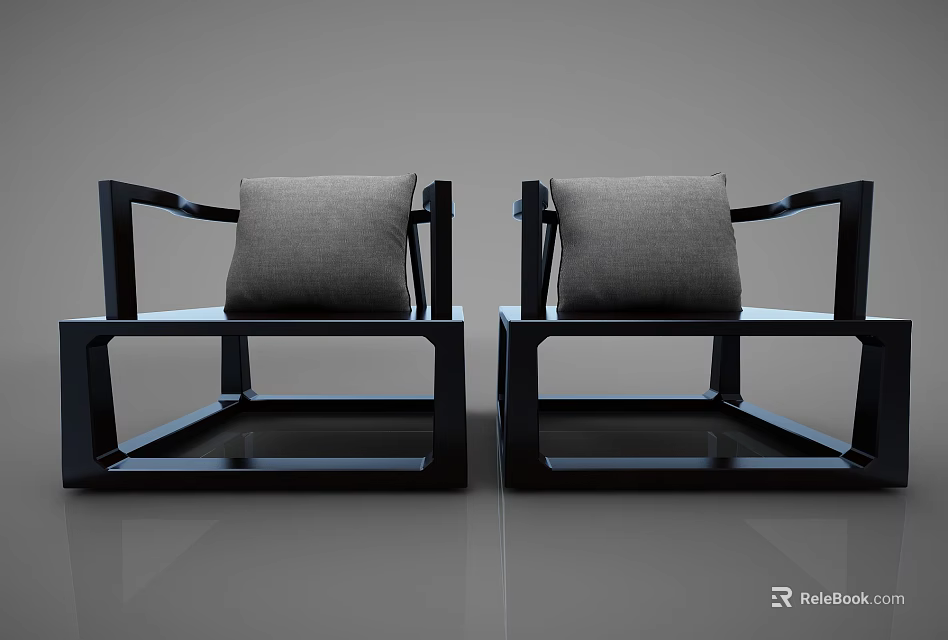 Two Modern Black Frame Armchairs With Gray Cushions And Minimalist Design 3d model 