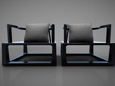 Two Modern Black Frame Armchairs With Gray Cushions And Minimalist Design 3d model