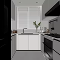 Modern Kitchen Interior With White Cabinets Black Refrigerator Sink Stove Blinds And Green Plant