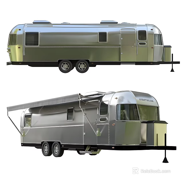 Silver Classic Camper Trailer With Awning Windows And Entry Porch Design 3d model 