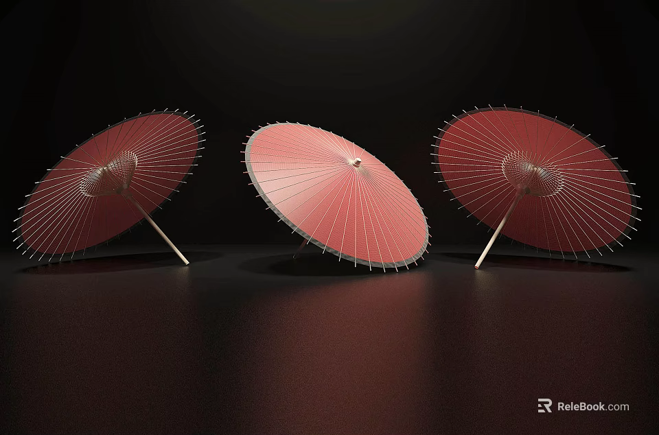 Three Red Oil Paper Umbrellas With Black Background Radial Patterns Clear Ribs And White Handles 3d model 