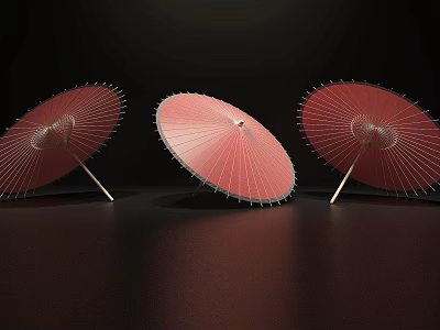 Three Red Oil Paper Umbrellas With Black Background Radial Patterns Clear Ribs And White Handles 3d model