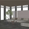 Modern Living Room Interior With Large Windows L Shaped Sofa Coffee Table And Decorative Wall